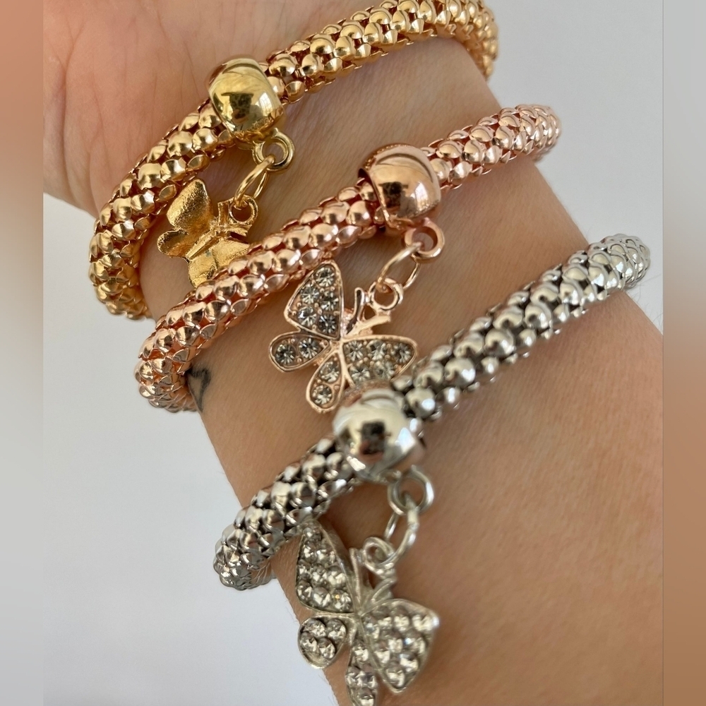 3 Pieces Butterfly Stackable Charm Bracelet Set